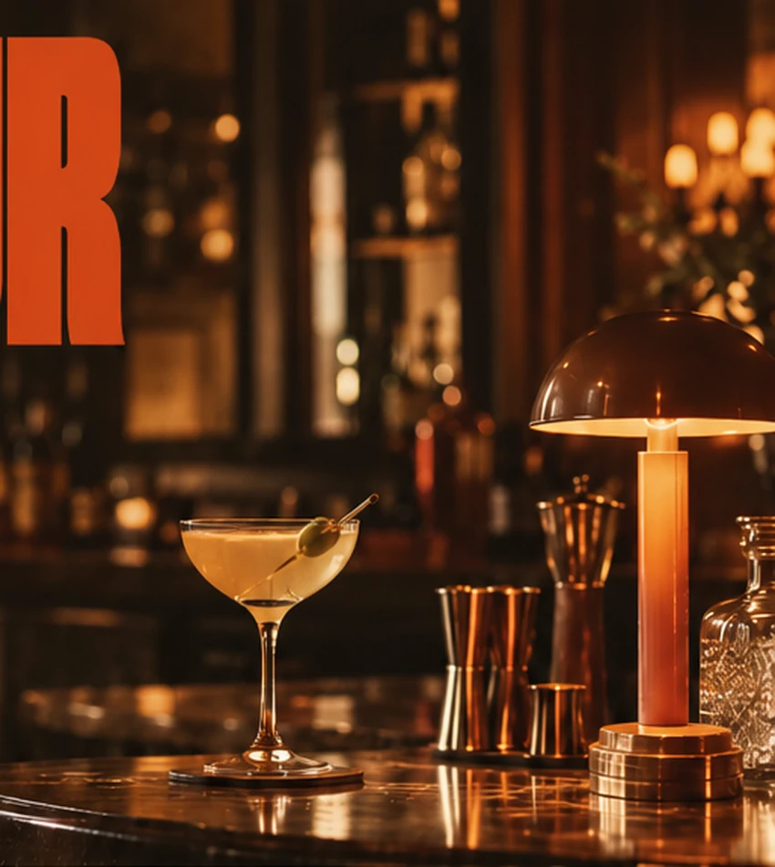 Warmly lit cocktail bar with brass table lamp